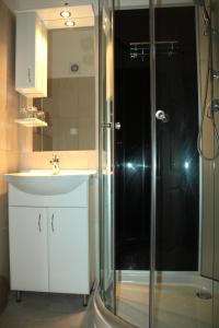 a bathroom with a glass shower and a sink at Tisza Corner Hotel in Szeged