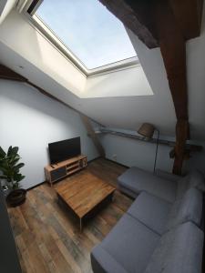 a living room with a couch and a tv and a skylight at Duplex climatisé in Aramits