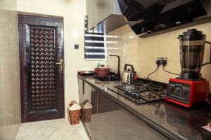 a kitchen with a stove and a red blender at De Rex Luxury Apartment in Akwa