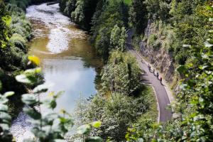 a group of people walking down a road next to a river at Appartement Urlaub Exklusiv in Lackenhof