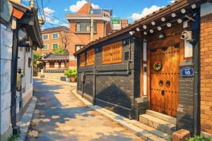 a painting of a house on a street at Shim San Jae in Seoul