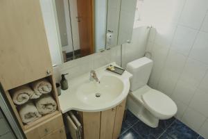 a bathroom with a sink and a toilet and a mirror at Ferienhaus am Wildbachberg - Platz für die ganze Familie in Deutschlandsberg +9 photos