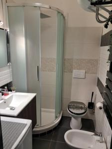 a bathroom with a shower and a toilet and a sink at L'antica torre in Tuscania +11 photos