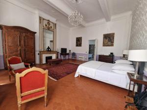 a bedroom with a white bed and a chandelier at Palais de Luppé, Chambre d'hôtes in Arles