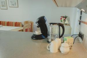 a kitchen counter with a coffee maker and a blender at Ferienhaus am Wildbachberg - Platz für die ganze Familie in Deutschlandsberg