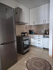 a kitchen with a stainless steel refrigerator and white cabinets at Stan Duo in Herceg-Novi