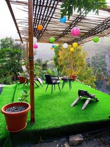 a yard with green grass and a pergola at Tiny House Ribeira Principal in Mato Correia