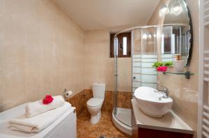 a bathroom with a sink and a toilet and a shower at Drys Stone House in Miriokéfala +36 photos