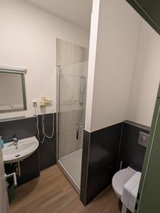 a bathroom with a shower and a toilet and a sink at Hotel Shiva in Maingründel