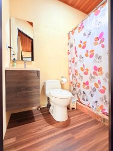 a bathroom with a toilet and a shower curtain at M&M Container Home in Sardinal +21 photos