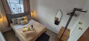 a small room with a bed and a mirror at Casa42 aconchego perto de Florianópolis in Palhoça