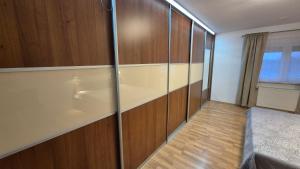 a room with wooden walls and a glass wall at MaMa Apartment in Seredʼ