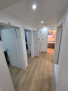 an empty room with white doors and a wooden floor at Apartment an der Prims Nalbach in Nalbach +7 photos