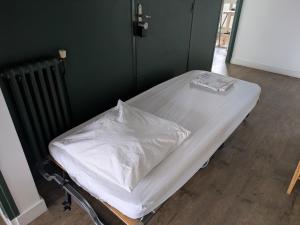 a hospital bed in a room with a green wall at Appartement 2 Chambres INDIaNA Hyper centre in Vitré