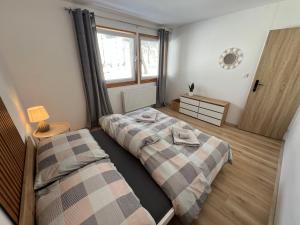 a bedroom with two beds and a window at Aldrovské Trio in Vítkovice