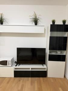 a white entertainment center with a tv and plants at Petrocelli apartment in La Romanina