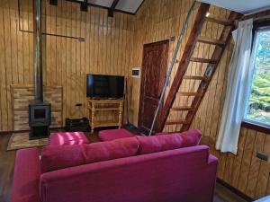 a living room with a purple couch and a tv at Cabañas CyG - Chaitén in Chaitén
