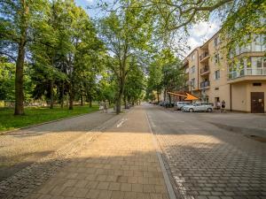 a cobblestone street in a park with trees and buildings at Apartmán Ve středu dění in Poděbrady