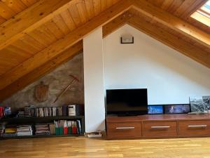 a living room with a flat screen tv in an attic at Chalet Hoz de Jaca in Hoz de Jaca