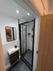 a bathroom with a shower and a sink and a mirror at Allensmore House Gower in Swansea +13 photos