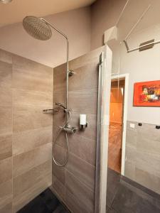 a shower with a glass door in a bathroom at Auwer Hills - On dr Schür in Auw +60 photos