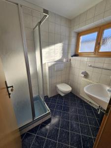 a bathroom with a shower and a toilet and a sink at Haus Bergblick in Obertauern +32 photos