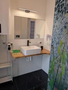 a bathroom with a white sink and a mirror at Apartamenty Biwakowa 4B in Turawa +8 photos