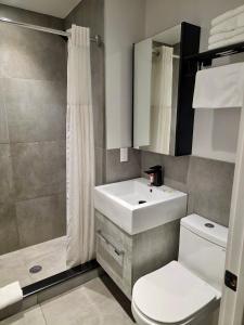 a bathroom with a sink and a toilet and a shower at Rose Hotel Near Yankee Stadium in Bronx +17 photos
