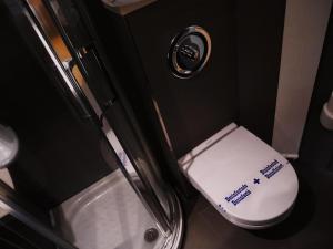 a small bathroom with a toilet and a shower at Hotel Zarampallo in Ourense