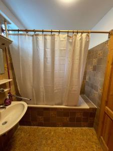 a bathroom with a shower curtain and a sink at Gasthaus Liam 3 in Bendorf