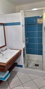 a bathroom with a sink and a shower at Gîtes Dardanelle in Bouillante
