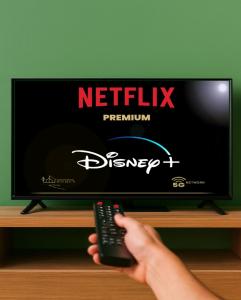a person holding a remote control in front of a television at Greenbrook - Black Suite in Aalborg