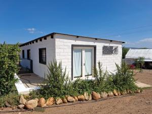 a small white building with a door in a yard at The STAL in De Rust