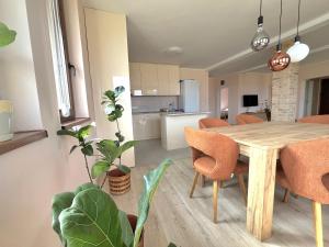 a kitchen and dining room with a wooden table and chairs at Pista house in Beograd