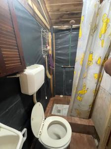 a small bathroom with a toilet and a shower at Las calandrias in Barrio Copacabana