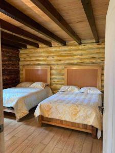 two beds in a room with wooden walls at Mexiquillo - La Fogata - Cabin #5 in La Ciudad +7 photos