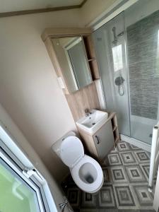 a bathroom with a toilet and a sink and a shower at Blue dolphin static in Gristhorpe