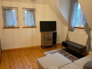 a living room with a tv and a couch at Business Apartment in Paderborn