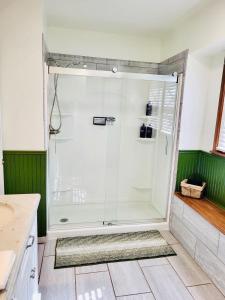 a shower in a bathroom with green walls at The Willowdell Nook in Mulvane