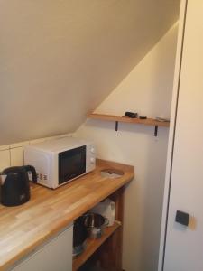 a microwave on a wooden counter in a kitchen at Gästezimmer Stadtpark in Biel