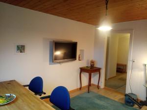 a room with a table and a television on a wall at Gästezimmer Stadtpark in Biel
