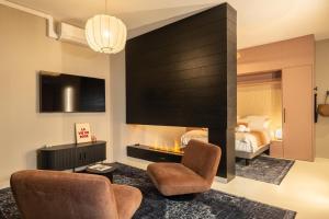 a living room with a fireplace and a tv at Host Inn Velvy Suite in Lyon