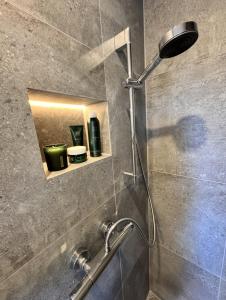 a shower with a shower head in a bathroom at Holiday by Chelly in Zeitz