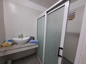 a bathroom with a sink and a glass shower door at Authentic South in Mahébourg