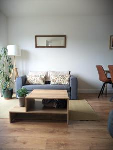 a living room with a blue couch and a coffee table at Trim private rooms in Trim