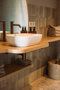 a white sink on a wooden shelf in a bathroom at Gastenverblijf Buitenhoudt in Vinkel