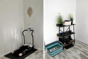 a room with a treadmill and a shelf with plants at La Coloc Boho - Saint-Quentin, chambres centre, idéal pro in Saint-Quentin