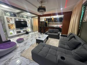 a living room with a couch and a tv at Afia Cottage Inn in Ayaso