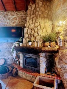 a stone fireplace in a room with a stone wall at Casa do Monte Sereno in Celorico de Basto