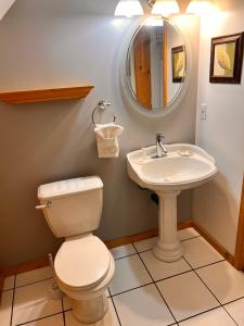 a bathroom with a toilet and a sink at Bear Cove Cottages in Port Hardy +13 photos